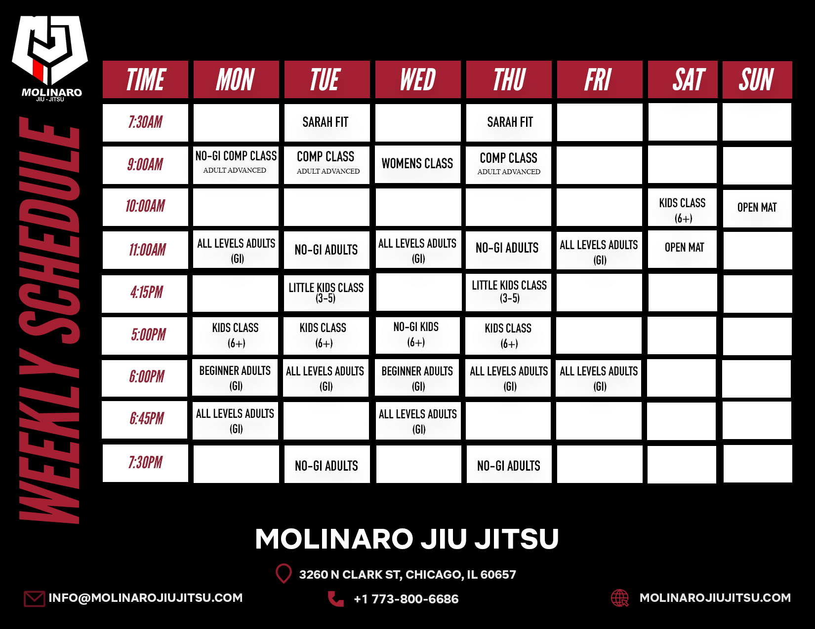 Molinaro Jiu Jitsu Schedule